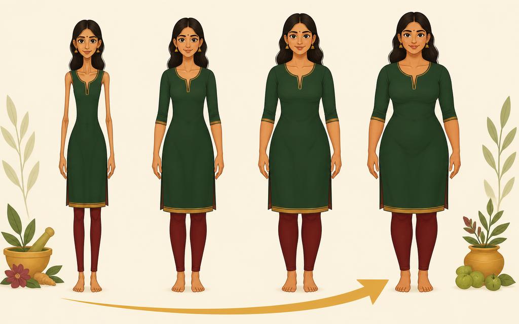 महिला का दुबले से फिट शरीर तक वजन बढ़ने का चरण दर्शाता चित्र